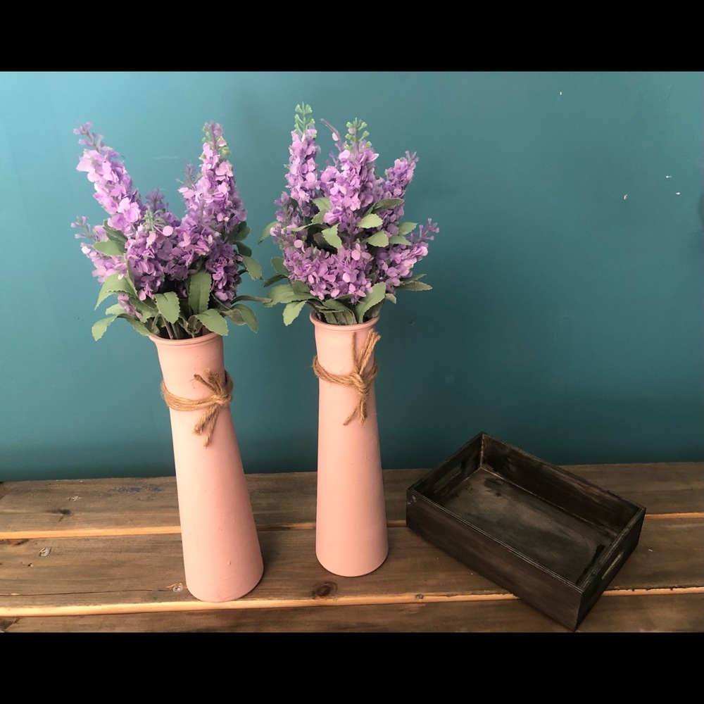 Rustic tall glass vases with faux flowers